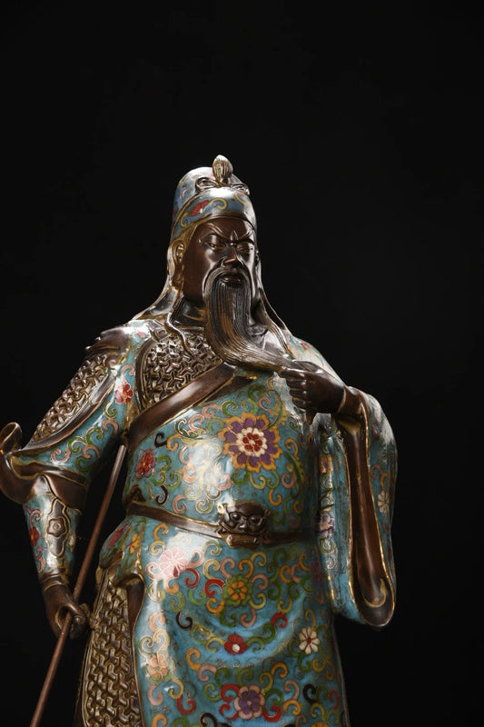 23"Tibetan Temple Collection Old Bronze Cloisonne Enamel Flower Texture Guan Gong Statue Sangharama Bodhisattva Worship Hall