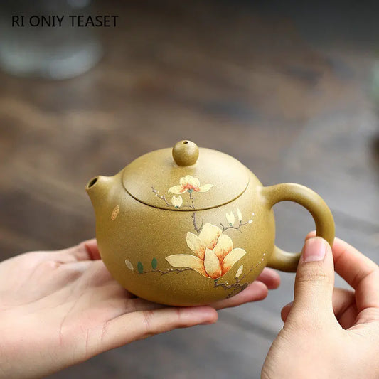 230ml Chinese Yixing High-end Purple Clay Teapots Famous Mud-painted Flower Pattern Handmade Xishi Tea Pot Kettle Zisha Tea Set