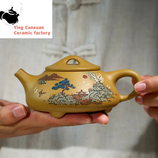 230ml Hand Painted Yixing Purple Clay Teapots Raw Ore Gold Section Mud Tea Pot Household Stone Scoop Filter Kettle Zisha Teaware