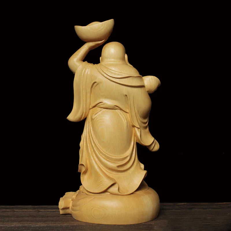 23cm Solid Wood Carving Ingot-Maitreya Buddha Statue Traditional Hand Carving Wooden Home Fortune Feng Shui Ornaments