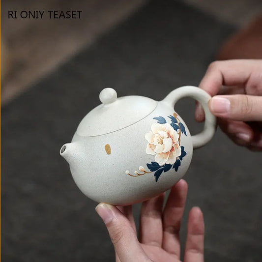 240ml Chinese Yixing High-end Purple Clay Teapots Mud-painted Peony Xishi Tea Pot Beauty Kettle Famous Handmade Zisha Tea Set