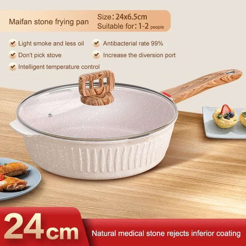 24cm With Lid Medical Stone Pan White Nonstick Quality Wok Suitable For 1-2 People Kitchen Breakfast Making Cookware