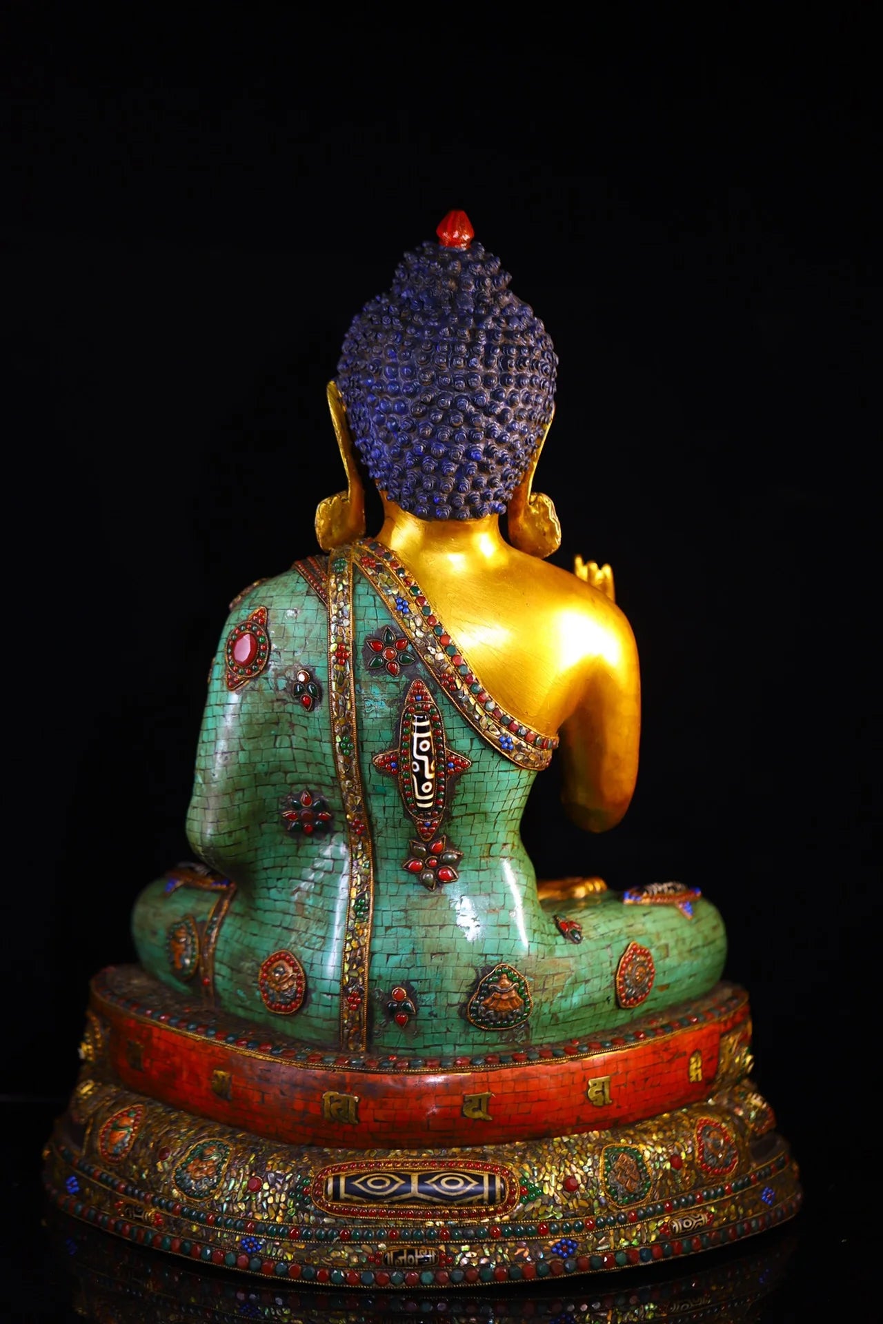 25"Tibet Temple Collection Old Bronze Outline in gold Mosaic Gem Turquoise gZi Beads Shell Shakyamuni Lotus Platform Buddha