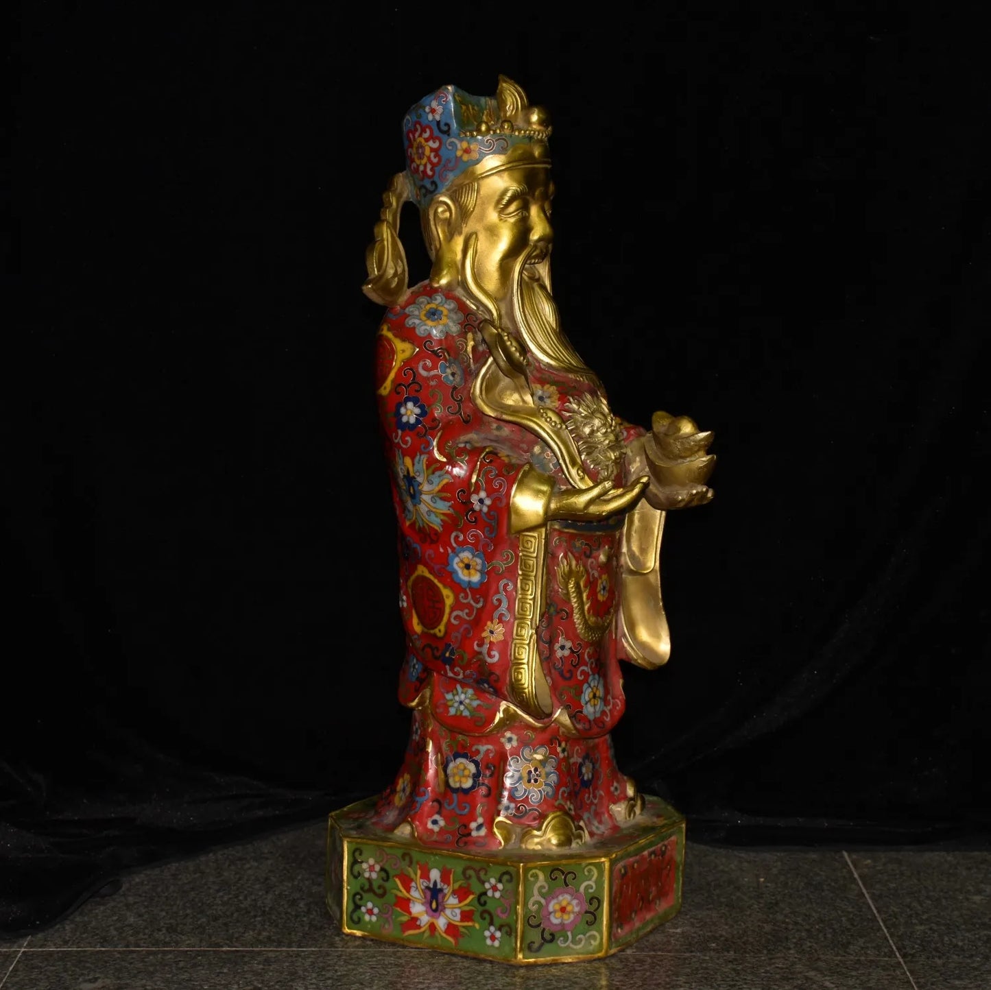 25"Tibetan Temple Collection Old Bronze Cloisonne Enamel Flower Dragon Texture Ruyi Yuanbao Coins God of Wealth Worship Hall