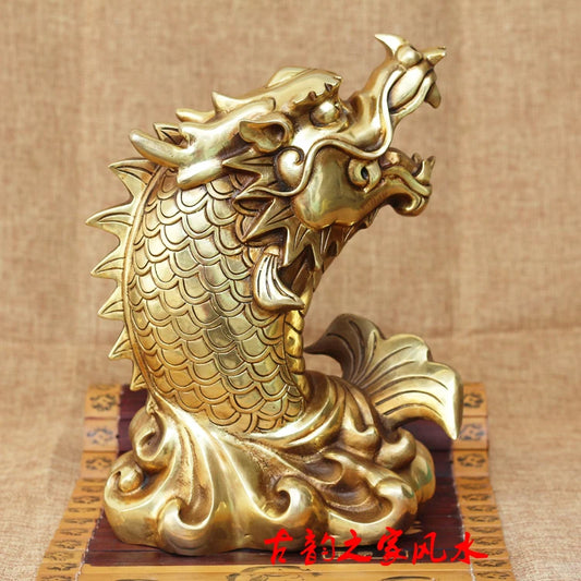 25 cm Bring in wealth HOME office business Money Drawing Talisman # " DU ZHAN AO TOU " Dragon fish FENG SHUI Brass statue
