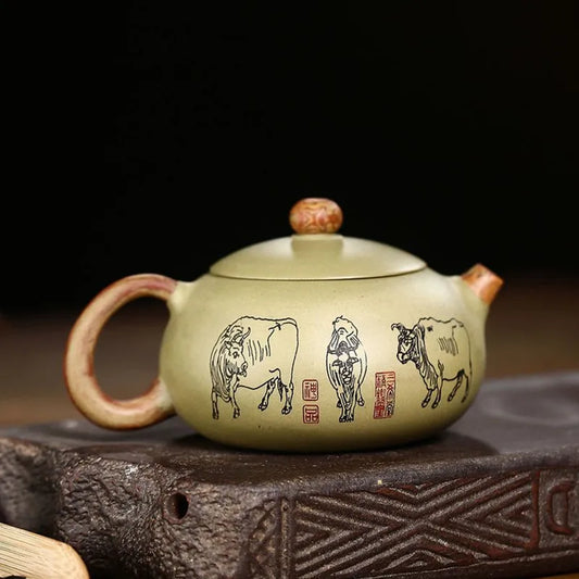 250ml Chinese Yixing Purple Clay Teapots Raw Ore Bean Green Clay Filter Tea Pot Hand Painted Five Cow Xishi Kettle Home Teaware