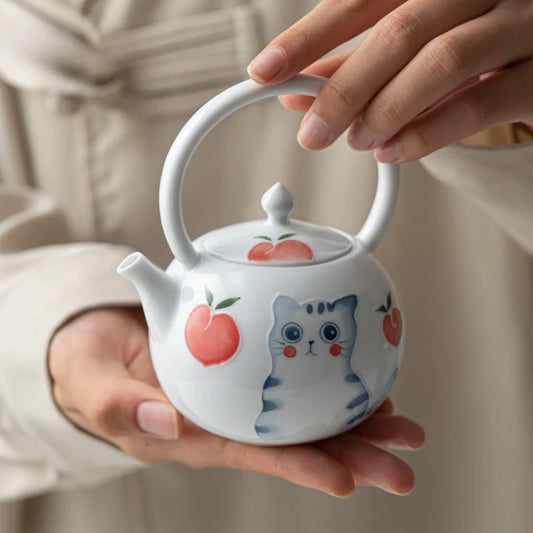 250ml Hand-painted Cat Lifting Beam Pot Handmade Teapot Japanese Pot Tea Soaking Kettle with Filter Tea Ceremony Collection Gift
