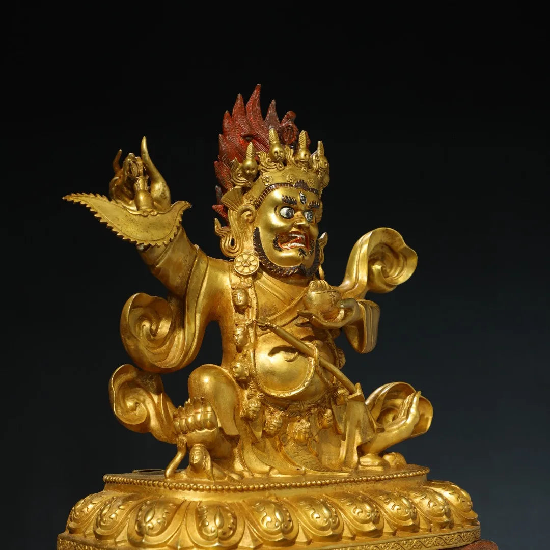 26"Tibetan Temple Collection Old Bronze Gilded Painted Face Mahakala Sitting Buddha Backlight Lotus Terrace Worship Hall