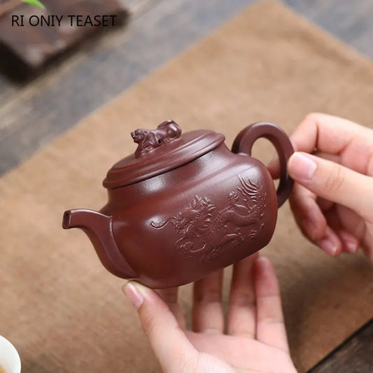 260ml Chinese Yixing High-end Purple Clay Teapots Famous Handmade Square Shape Dragon Pattern Tea Pot Kettle Zisha Tea Set