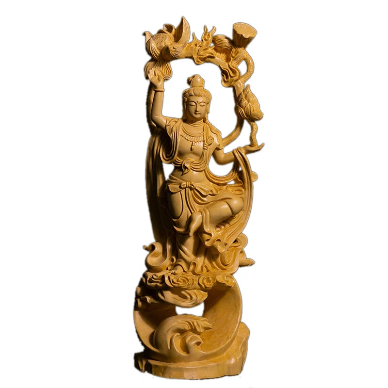 26CM Guanyin Bodhisattva Sculpture Feng Shui Boxwood Buddha Statue Wood Statue Worship Figure Home Decor