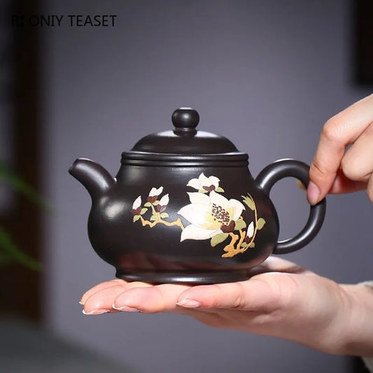 280ml Chinese Yixing Purple Clay Teapots Famous Artists Handmade Flower Pattern Tea Pot Raw Ore Black Mud Kettle Zisha Tea Set