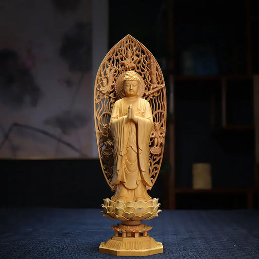 28cm Boxwood Three Buddha Sculpture Shakyamuni Carving Guanyin Ksitigarbha Statue Feng Shui Home Decor Home Crafts