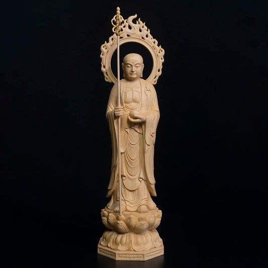 28cm Ksitigarbha Cypress Wood Sculpture Living Room Decoration Feng Shui Wood Buddha Statue Ksitigarbha Bodhisattva Home Decor