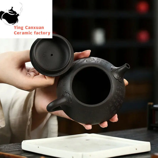 290ml Chinese Yixing Purple Clay Teapot Master Hand-carved Stone Scoop Tea Pot Handmade Kettle Authentic Zisha Tea Set Gifts