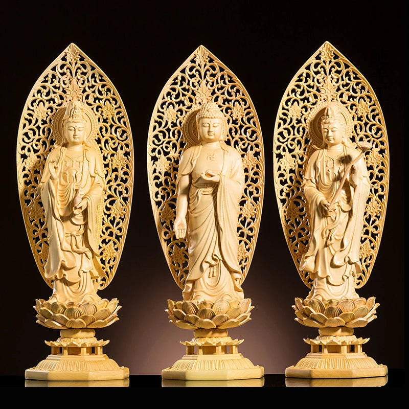 29CM Three Buddhas Statue Wood Carving Solid Home Decoration Carving Craft Feng Shui Buddha Decoration