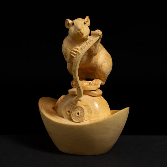 2Pcs Ingot Mouse Boxwood Sculpture Living Room Decoration Feng Shui Solid Wood Crafts Lucky Zodiac Rat Statue Home Decor