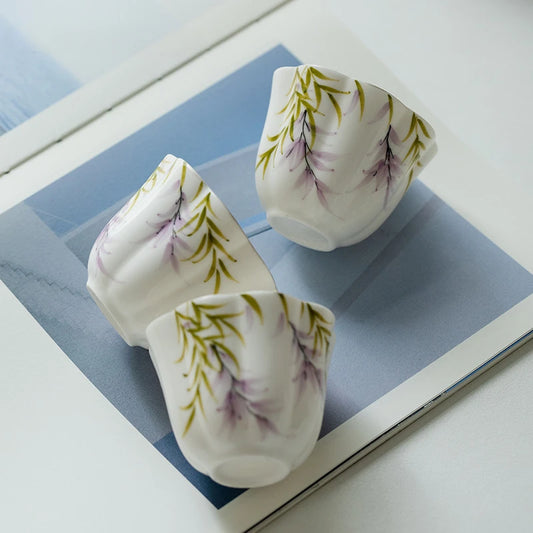 2pc/set Pure Hand-painted Wisteria Flower Teacup Creative Drawing Silver Fragrance Cup Petal Master Mug Teaset Ornaments 38ml