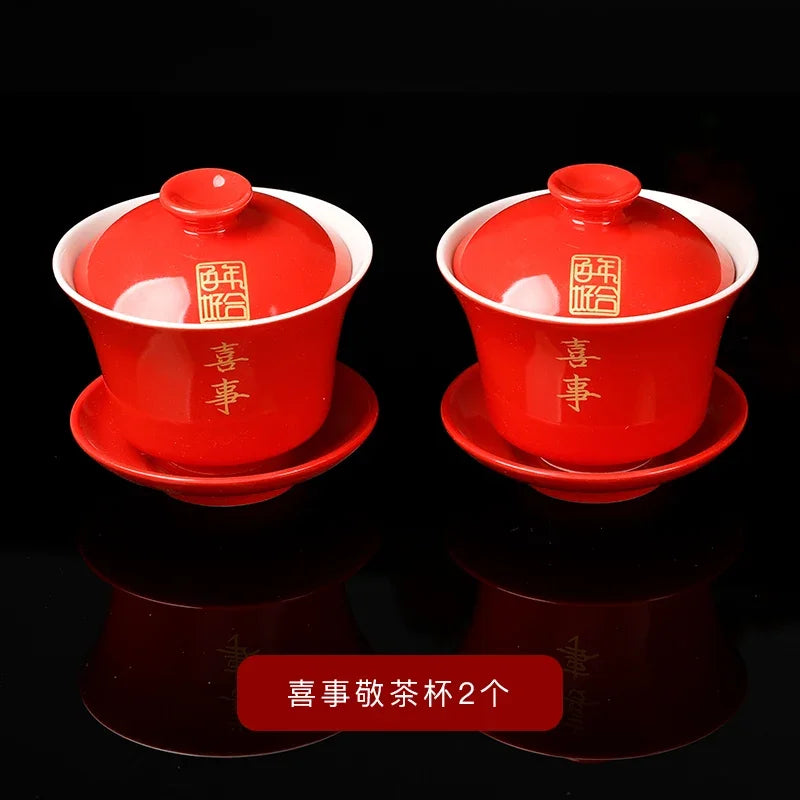 2pcs Chinese Ceramic Tea Tureen Handmade Boutique Gaiwan Tea Bowl Red Teaware Supplies Portable with Lid Teacup Wedding Tea Set