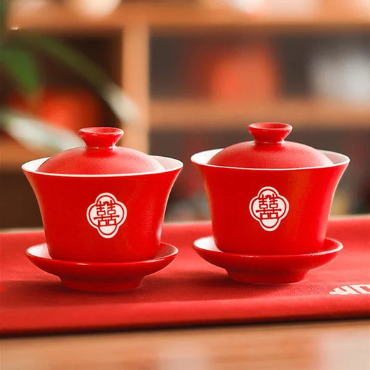 2pcs Chinese Wedding Tea Set Red Ceramic Gaiwan Teapot High Quality Porcelain with Cover Teacup Portable Tea Maker Home Teaware