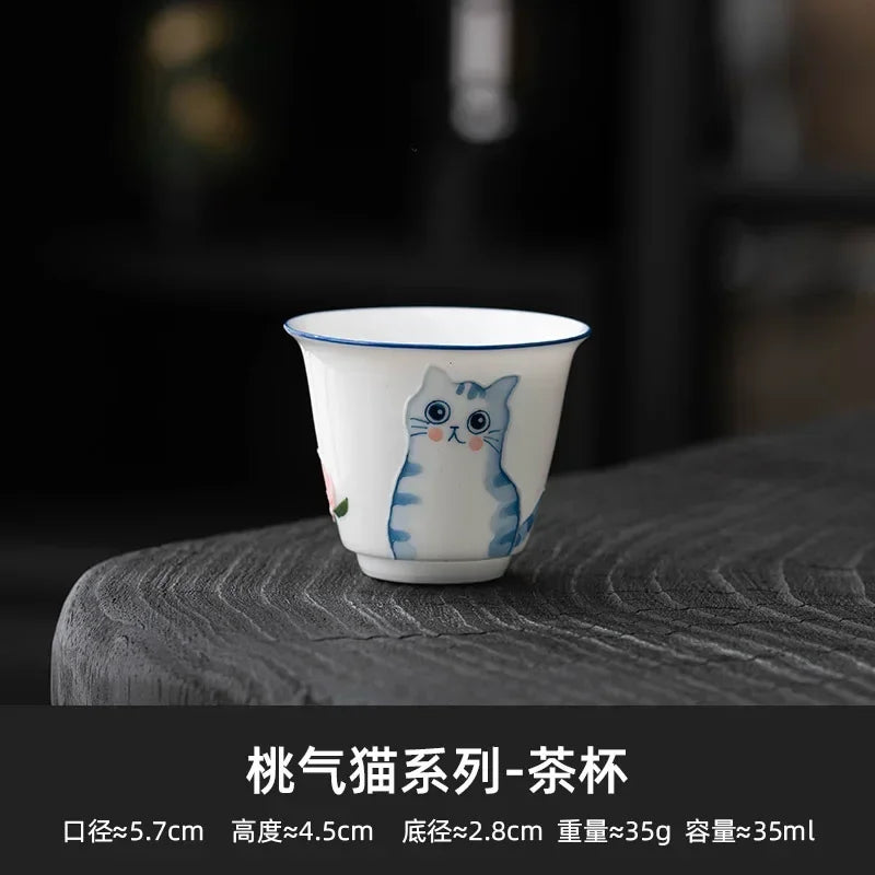 2pcs/et Hand Painted Cute Cat Ceramic Teacup Cute Cup Fragrance Cup Smelling Cup Bamboo Joint Master Cup Chinese Teaset Ornament