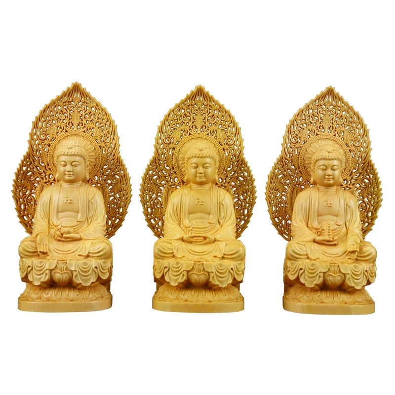 3 Pc/ Set High Quality Shakyamuni Solid Boxwood Wood Statue Handmade Carving Sculpture Home Decor