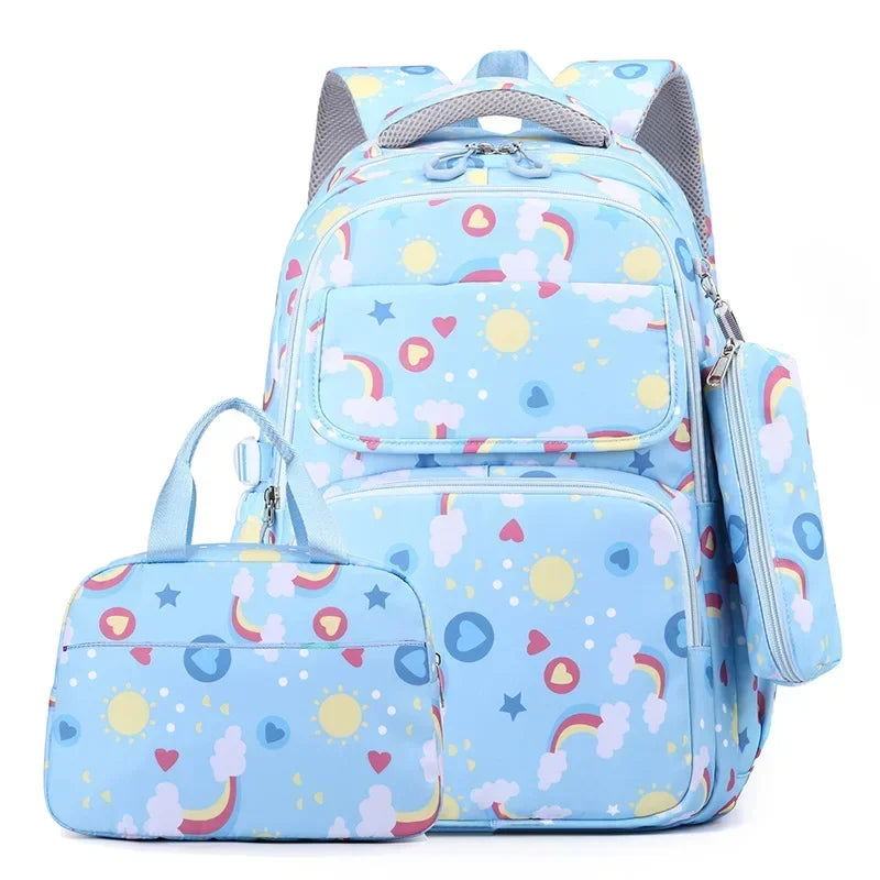 3-piece Girls Backpack Kids School Bookbag Set for Teen Girls Elementary Students Casual Back Pack with Lunch Box Pencil Case