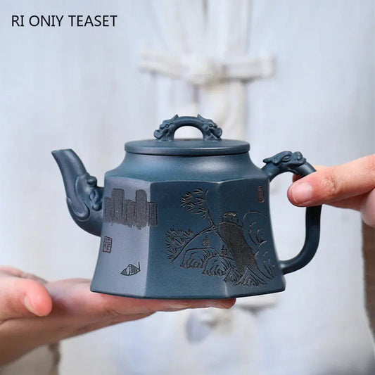 300ml Chinese Yixing Purple Clay Teapots Famous Handmade Large Capacity Tea Pot Raw Ore Green Mud Kettle Zisha Tea Set Teaware