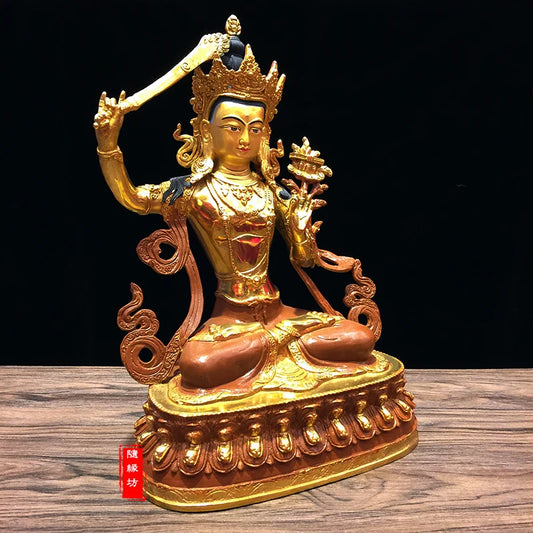 31CM large -GOOD---Buddhist Buddhism home family efficacious Protection brass Bodhisattva Manjusri Gold-plated Buddha statue