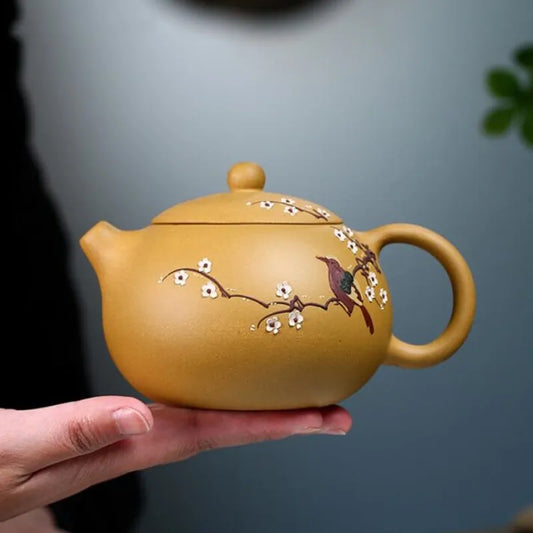 380ml Yixing Famous Handmade Purple Clay Teapot Hand Carved Flowers and Birds Pattern Xishi Tea Pot Kettle Chinese Zisha Tea Set