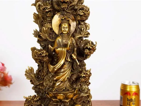 39CM Large home shop living room Good luck Auspicious 9 Dragons Guanyin Buddha Brass FENG SHUI Sculpture Ornament talisman