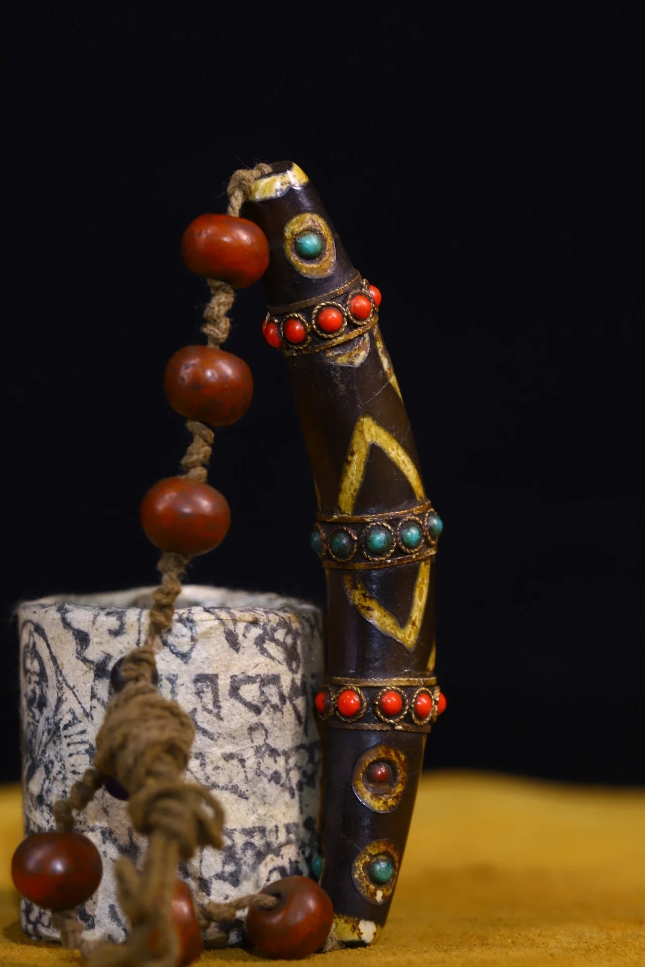 4"Tibetan Temple Collection Old Natural Agate filigree Mosaic Gem gZi Beads nine eyeballs Amulet pendant Town house Exorcism