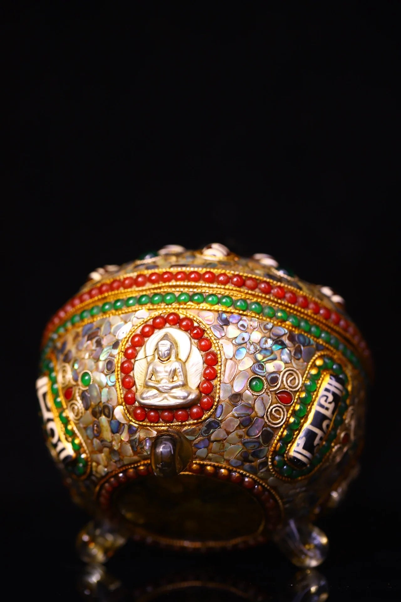 4"Tibetan Temple Collection Old Natural Crystal Mosaic Gem gZi Beads Shell Shakyamuni Buddha Jar Relic jar Amulet Worship hall