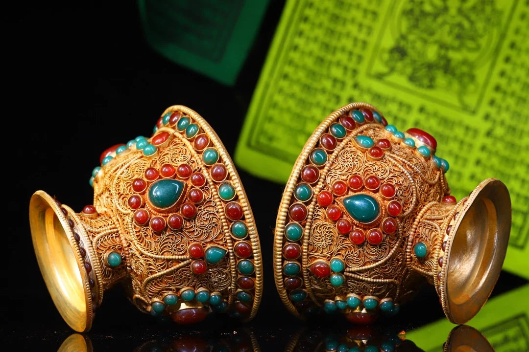 4"Tibetan Temple Collection Old Tibetan silver Gilt mosaic Gem offering Bowl A Pair Buddha bowl prayer Bowl Amulet Dharma