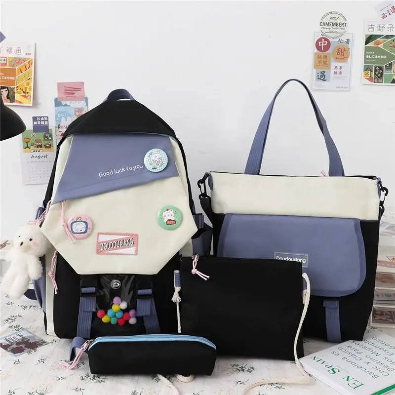 4-piece Set Fashion Women's Backpack Trend Badge Canvas School Bag For Girls Cute Pendant Contrast Color Shoulder Bags Scoolbags