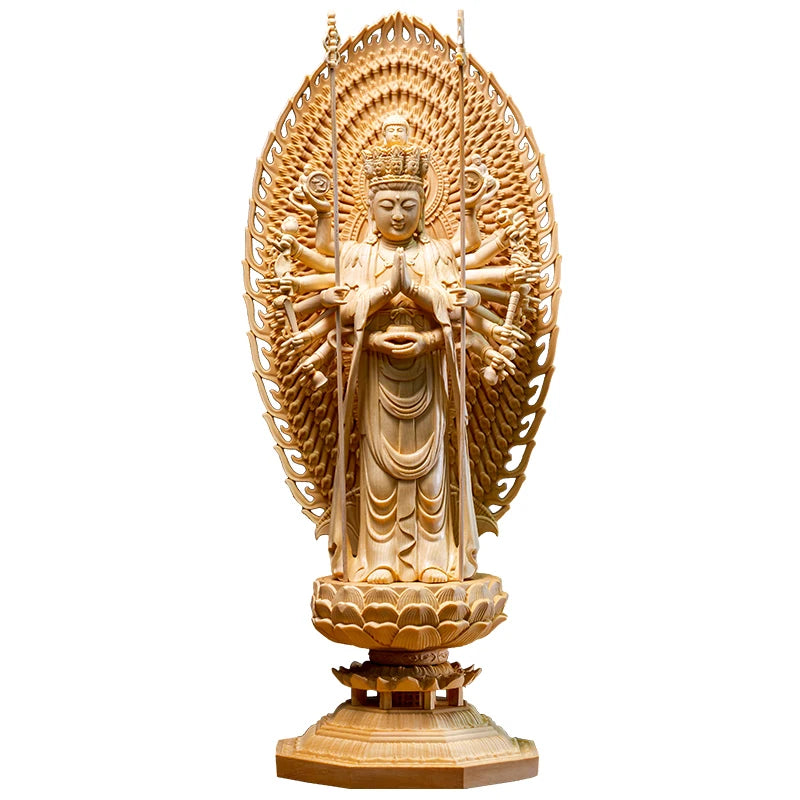 42CM Thousand Hands Guanyin Wood Carved Figure Buddha Statue Canadian Cypress Wood Lotus Home Decoration Chinese Decoration