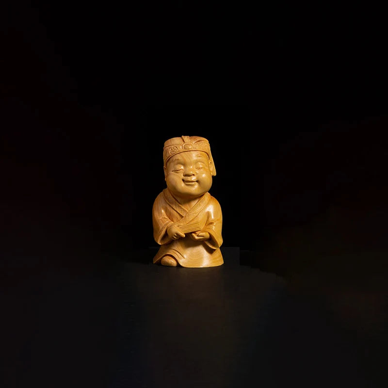 4PCS Boxwood 7.5cm Cartoon Chinese Traditional Figure Sculpture Four Talented People Wood Statue Home Decor