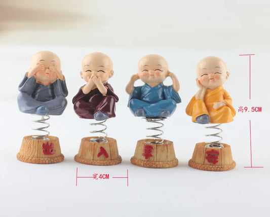 4PCS Car Decoration Dancing Little Monk Figurine with Spring Resin Buddha Sculpture Statue Funny Ornaments Home Decoration Gift