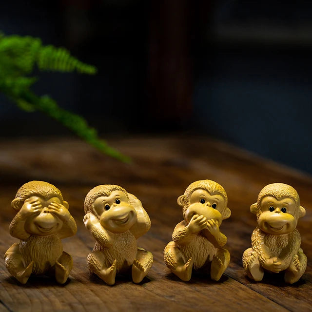 4pcs Boxwood 6cm Little Monkey Sculpture Wood Chinese Zodiac Lucky Statue Mini Animal Home Decor