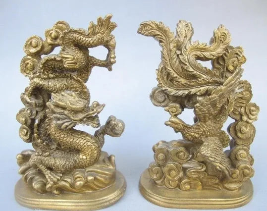 5.51 inch/The ancient Chinese handmade bronze statue of a dragon phoenix mascot metal handicraft