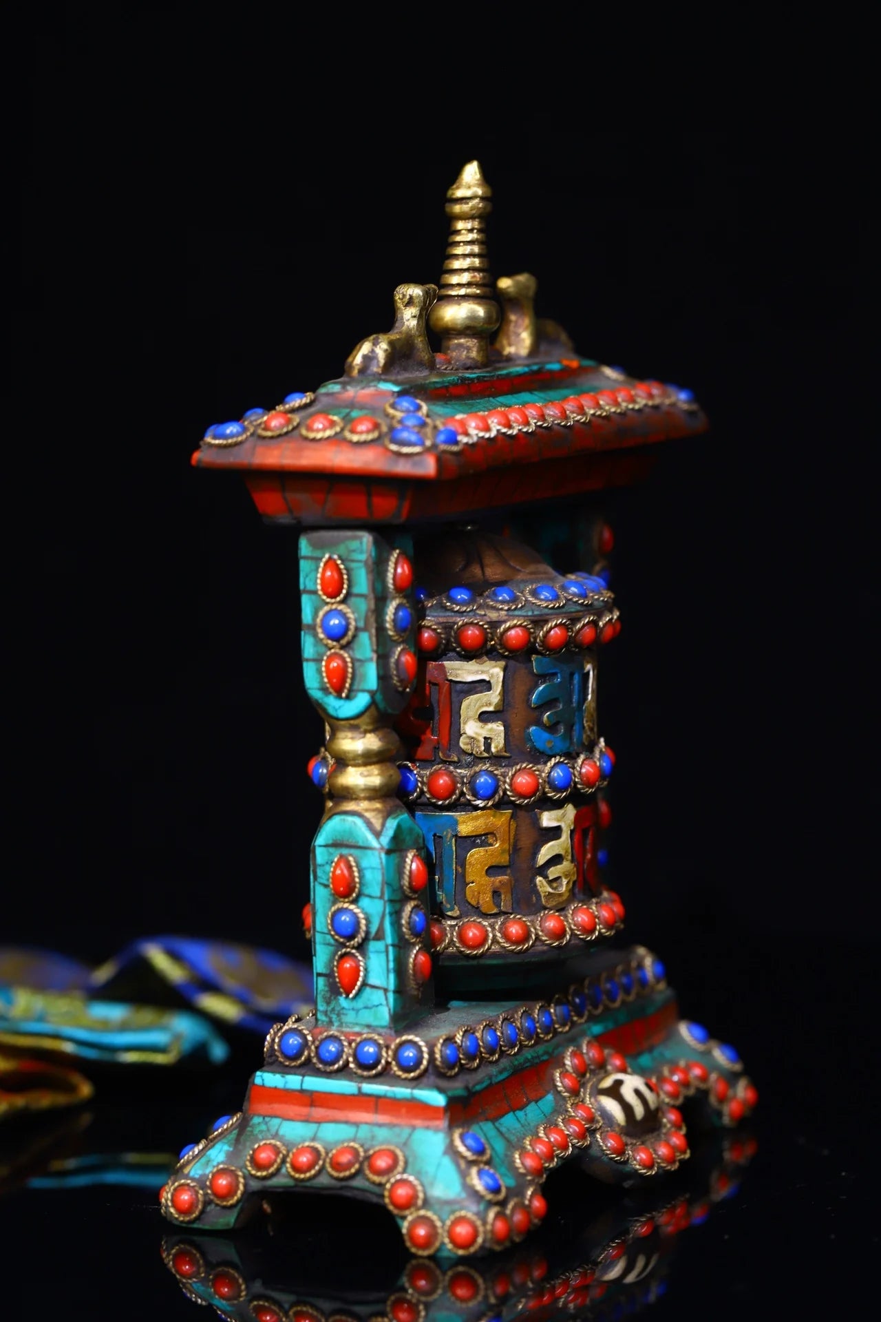 5"Tibetan Temple Collection Old Bronze Mosaic Gem gZi Beads Turquoise Six Word Proverbs Prayer Wheel Old Scriptures Worship Hall