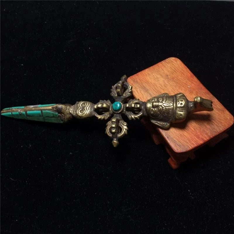 5"old China Bronze Gilt Mosaic Turquoise Dorje Vajra Phurpa Dagger Statue Sculptures Collection Ornaments