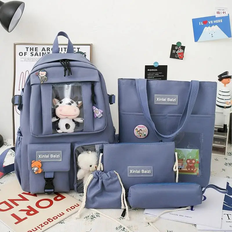 5-piece Fashion Women's Backpack Pure Color Cute Cartoon Student School Bag Canvas Large Capacity Lightweight Travel Backpacks