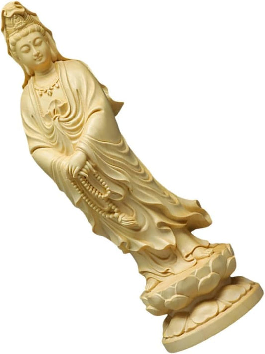 VOSAREA 2 Pcs Bodhisattva Ornament Office Tabletop Decoration Guanyin Goddess Statue Wood Carved Statue Mini Quan Figurine Car Trim Guanyin Statue Decor God of Wealth Wooden Chinese Style