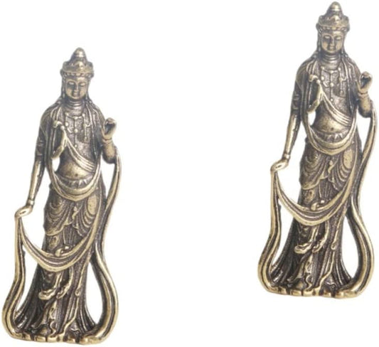 HOMSFOU 2pcs Brass Buddha Brass Figurine Blessing Auspicious Statue Feng Shui Statue Female Buddha Statue Home Worship Ornaments Guan Yin Figurine Zen Meditating Statue Desk Guan Yu