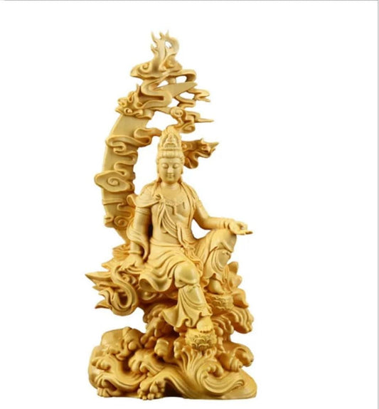 YTDJJWLS 18cm Solid Wood Water Moon Guanyin Statue Finely Carved Chinese Buddha Statues Home Decoration