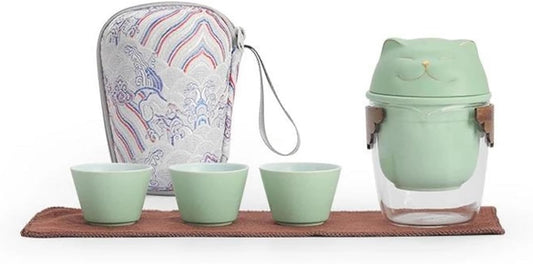 Afternoon Tea Set Heat-resistant Glass And Ceramic Teapot With 3 Cups Cute Cat Portable Tea Set Tea Set For Adults (Color : B)