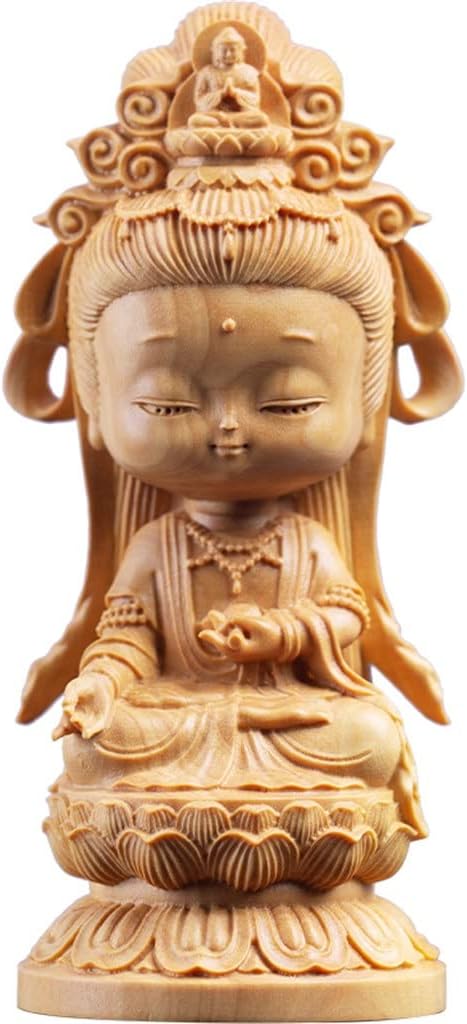 Woodcarving Cartoon Guanyin Statue Hand Carving Solid Wood Buddhist Feng Shui Guanyin Home Decoration Accessories Statue (A L)