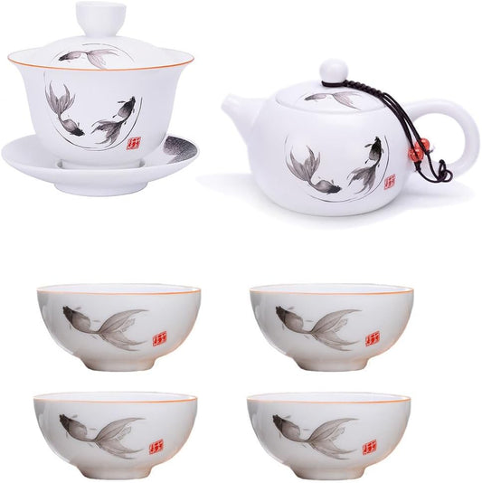 Porcelain Teapot Gaiwan with 4 cups Set,Chinese Feng Shui Ink Painting Fish Gongfu Tea Set
