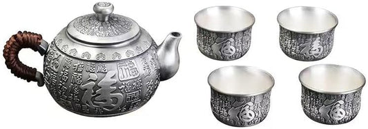 YBOS Chinese Kung Fu Tea Set Hundred Fortunes Silver Pot Handmade Silver Tea Set 999 Foot Silver Home Teacups Silver Teapot Cup