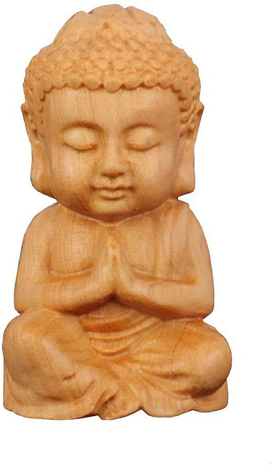 DMtse Hand Carved Natural Wood Buddha Statue Religious Buddhist Sitting Buddha Palm Size Sculpture Figurine